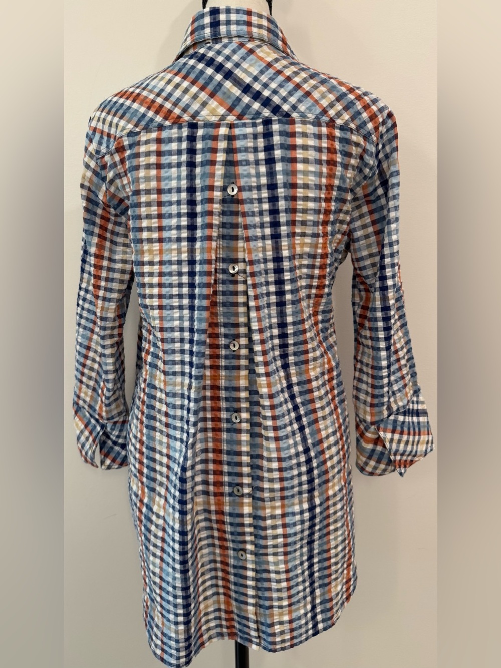 Plaid Seersucker Tunic Shirt Button Back High Low Boho Chic Small Cotton Blend